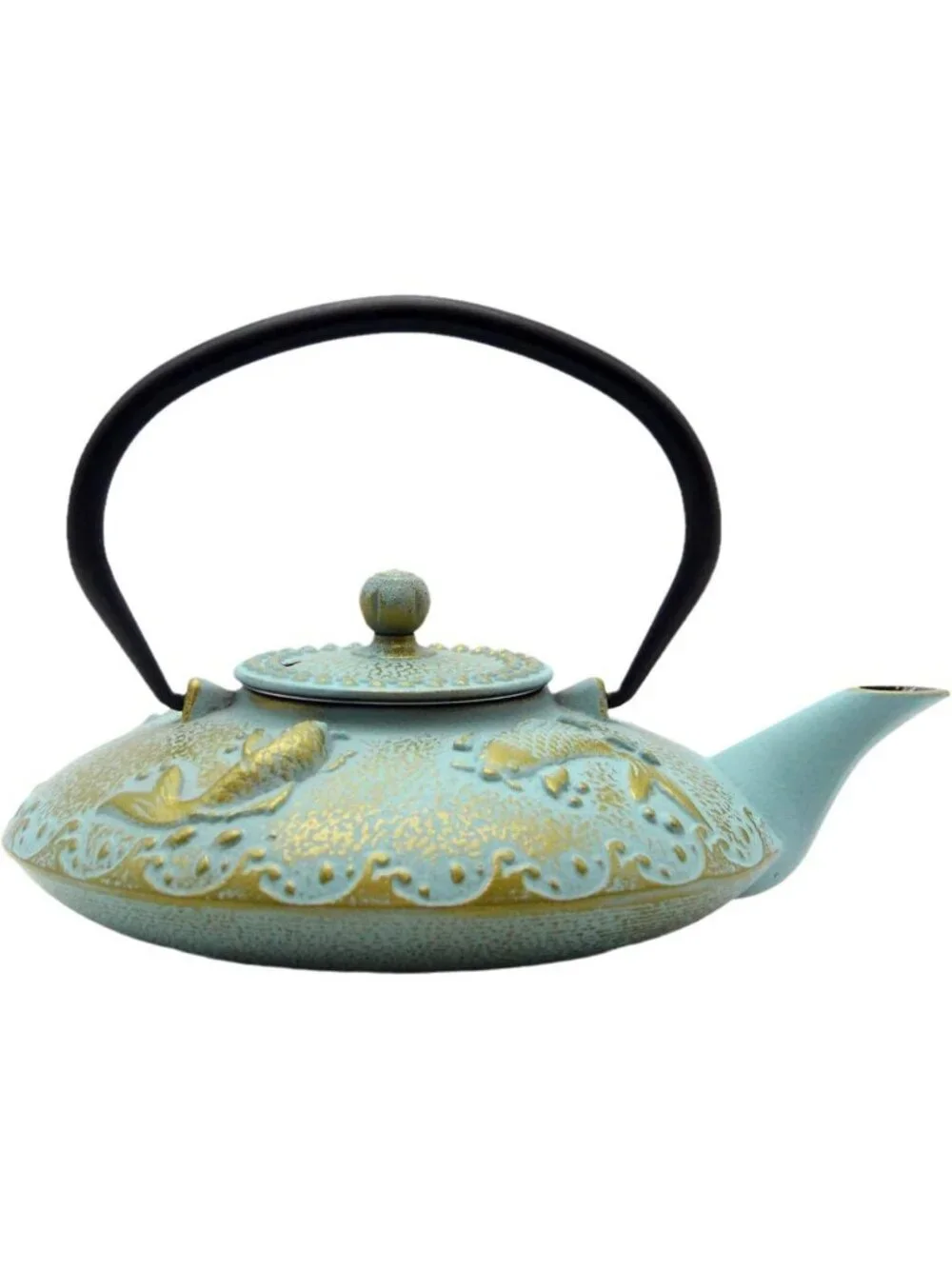 Cyan and Gold Cast Iron Kitchen Japanese Teapot 27.1oz Stovetop  Infuser Pot